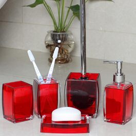 5-Piece Red Acrylic Bathroom Accessories Set, Complete Set, Lotion/Soap Dispenser, Soap Dish, Toothbrush Holder, Cup, Toilet Brush and Holder, Modern Bathroom Decor and