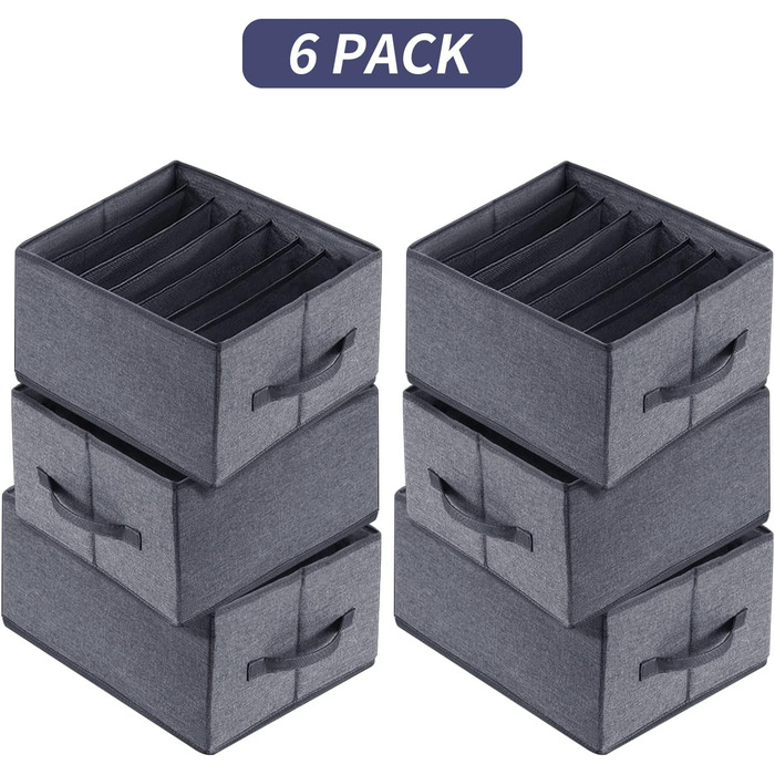 BIGLUFU 6-Piece Closet Organizer Fabric Folding Storage Box Set with 7 Compartments Drawer Organization System Storage for Clothes, T-Shirts, Pants, Underwear, Jeans