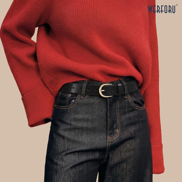 Жіночий шкіряний ремінь WERFORU для джинсів, спідниць та суконь з золотою пряжкою (чорний, 110 см, під талію 85-97 см)
