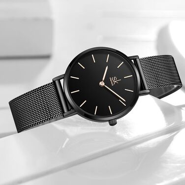 SK Ультратонкі мініатюрні жіночі годинники з двома стрілками. Елегантний годинник для жінок з шкіряним ремінцем (Black-mesh)
