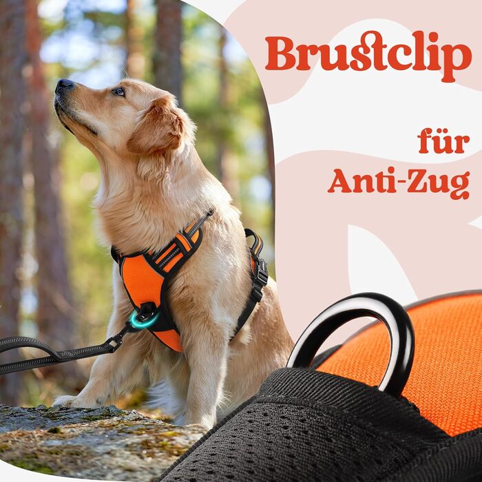 Нашийник для собак Rabbitgoo великих порід, регульований, анти-тяга, з ручкою, м'який, світловідбиваючий, помаранчевий, L (1 шт.)
