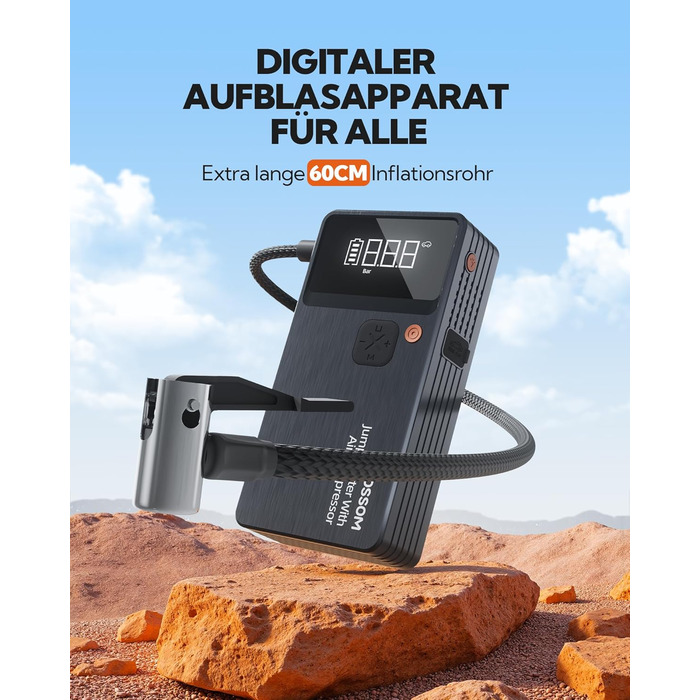 Powerbank Starthilfe JC8-12000mAh: Powerbank для авто з компресором, 12000mAh, LED-лампа, USB-C, ресeт-комплект