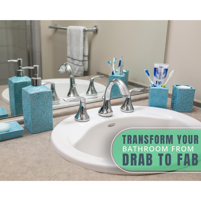 Designer 4-Piece Bathroom Accessory Set - Ceramic Bathroom Set with Liquid Soap or Lotion Dispenser, Toothbrush Holder, Cup, and Soap Dish - Decorative Set with Embossed Details - Vanity Accessory
