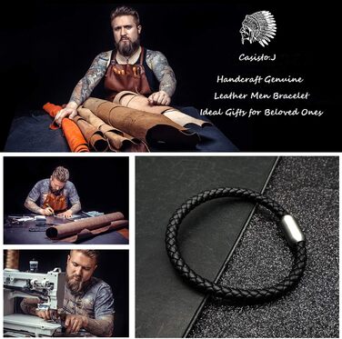 Чоловічий шкіряний браслет Casisto.J з магнітною застібкою, чорний, плетіння, справжня шкіра. Ідеальний подарунок на Різдво, День батька або на день народження.
