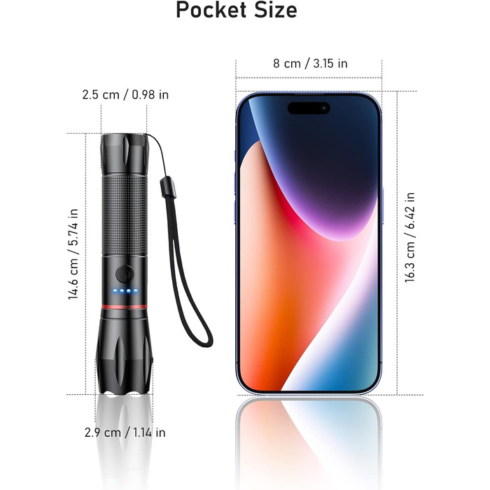 LED ліхтарик Blukar з підзарядкою, 2000L, Zoom, 5 режимів, водонепроникний IPX6, для кемпінгу, туризму, риболовлі, активного відпочинку та надзвичайних ситуацій