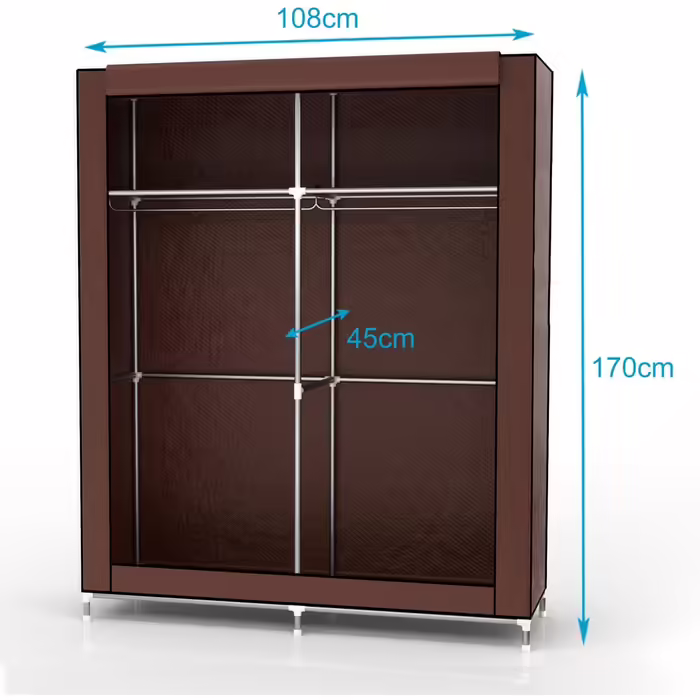 Folding Wardrobe 108x45x170 cm in GRAY - Fabric wardrobe with zipper and clothes rail, side pocket and compartments - shelf, metal frame, storage (Beaver Brown)