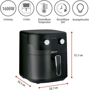 Фритюрниця Alpina Heißluft XXL: Air Fryer на 4-6 осіб, 1800W, 6L, з цифровим дисплеєм та таймером
