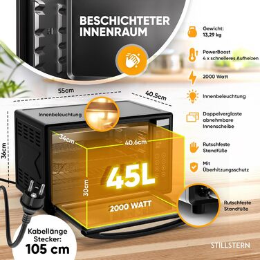 Міні-піч Stillstern з конвекцією 45л, Pizza Ø32, Antihaft, 13 програм, розморожування/підтримка тепла, таймер 8г, для кемпінгу