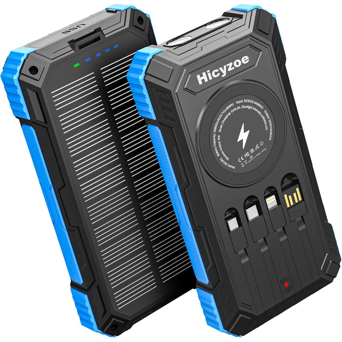 Сонячний павербанк 26800 mAh з 4 кабелями, USB-C, Qi, LED-ліхтарик, для телефонів, планшетів та кемпінгу