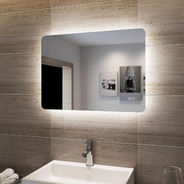 Дзеркало для ванної кімнати SONNI з LED-підсвічуванням, 100 x 60 см, протизапітніння, IP44, сенсорний вимикач, холодне/нейтральне/тепле біле світло, білий