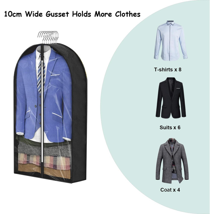Чохли для одягу, дихаючі, 100 см (4 шт.) для костюмів, захисні мішки для зберігання з 10 см прорізом, прозоре вікно, пилонепроникні, мішки для одягу, захист для костюма, пальто