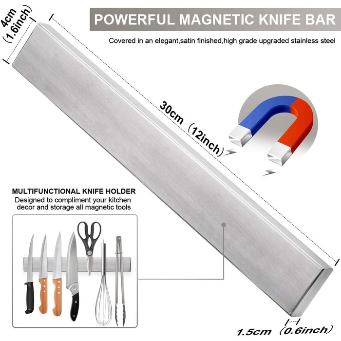 Ninonly Magnetic Knife Rail No Drilling Magnetic Knife Rail for Knives 30cm (12 inch) Self-Adhesive Magnetic Knife Strip Magnetic Knife Holder Wall Mount for Knives Kitchen Utensils Tools