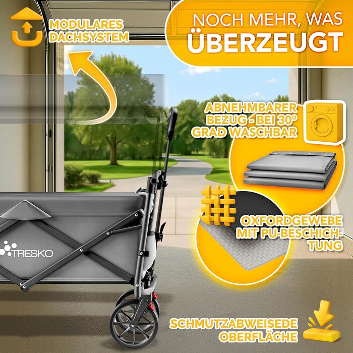 Трьохколісний візок TRESKO® Bollerwagen з дахом, кишенькою-холодильником та боковими шторками | Вантажопідйомність до 150 кг | З повного гумового покриття коліс та гальмами (передніми та задніми) та 3-точковим ременем безпеки (зелений, сірий)