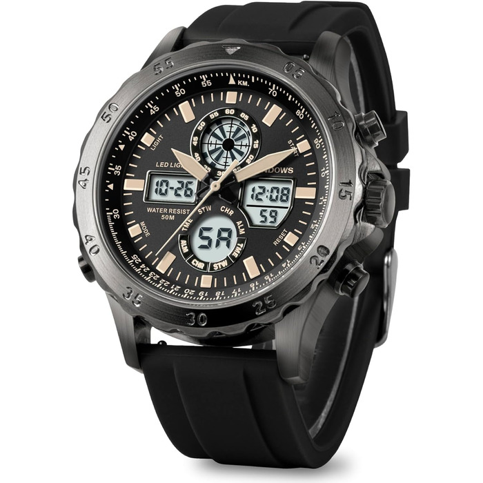 Годинники PINDOWS для чоловіків: водонепроникні спортивні годинники (аналогові/цифрові), багатофункціональні, з LED-підсвічуванням, будильником, секундоміром (чорний/жовтий)