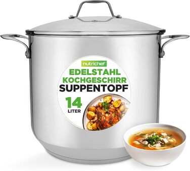 Каструля NutriChef 40 см, 14 л, з кришкою, нержавіюча сталь, для індукції, газу, електро, посудомийної машини, супова, для великих об'ємів