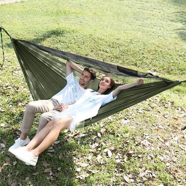 Гаммак для кемпінгу з москітною сіткою та стропом, великий на 2 особи, 290 x 140 см, легкий, для відпочинку на природі, походів, подорожей та рюкзаків, колір: оливковий