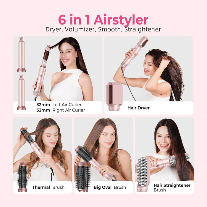 Набір для укладки волосся Atopskins 6 в 1: фен-щітка, локони, термощітка, 1000W, рожевий