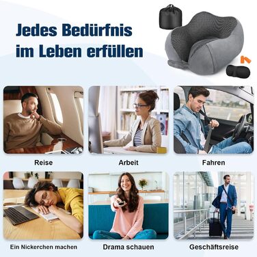 Подушка для шиї в літак, доросла, з піною з пам'яті, регульована, компактна, ергономічна, м'яка, дихаюча, з навушниками, маскою для очей, чохлом (Сірий)