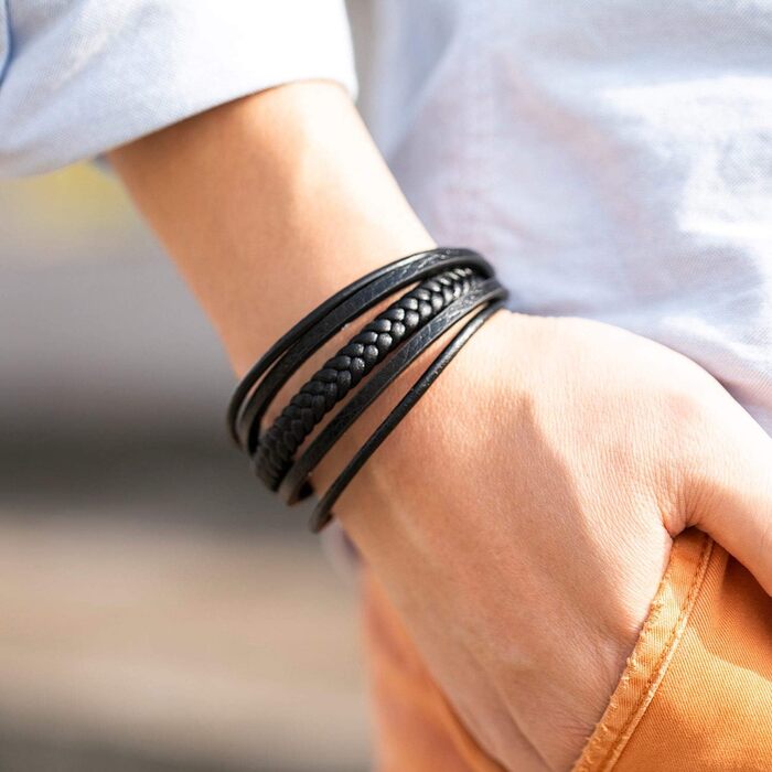 Чоловічий браслет Murtoo з нержавіючої сталі та натуральної шкіри з вплетенням натурального каменю та магнітною застібкою, 20.5 см, чорний колір, без додаткових ланок