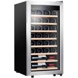 Kalamera 28-Bottle Wine Refrigerator - 86 Liter Capacity, Stainless Steel & Glass Door, 5-18°C Cooling Zone, Removable Wooden Shelves