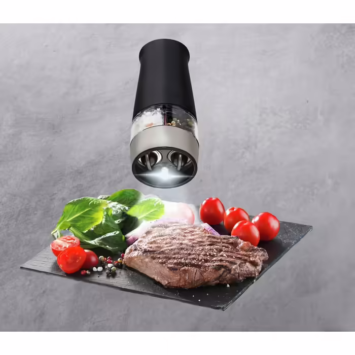 WENKO Electric Salt and Pepper Grinder, Elegant 2-in-1 Combination Grinder for Easy Grinding with a Button Press, with Ceramic Grinding Mechanism and Lighting, Battery-Powered, Dimensions: 7 x 17.5 x 6 cm, Black