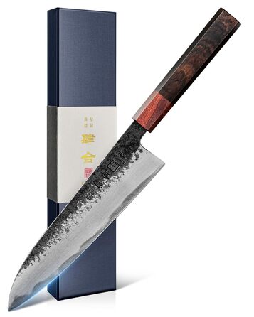 Японський ніж Gyuto Kanngou 21 см, AUS-8 сталь, дерев'яна рукоятка (дуб/чорне дерево), подарункова коробка