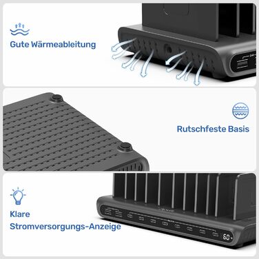 Зарядний пристрій Alxum 60W USB багатопортовий на 10 портів (8 USB-C + 2 USB-A) для телефонів, планшетів, Kindle – чорний