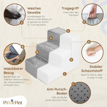 Сходинки для собак на ліжко та диван - 4 сходинки, 58 см заввишки - з пінопласту для маленьких собак - безпечні та стійкі - знімний, пральний чохол - світло-сірий