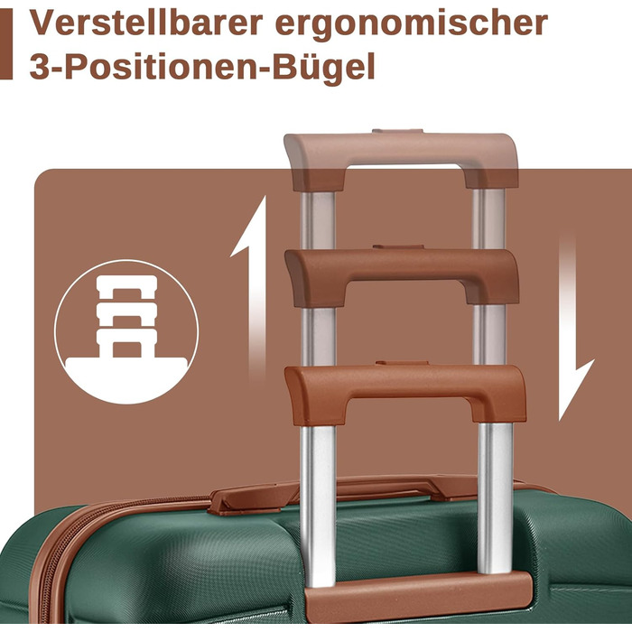 Чемодан KONO Reisekoffer Trolley 3-частинний з ABS+PC, жорсткий, з подвійними колесами та кодовим замком (великий 76 см, темно-зелений/коричневий)