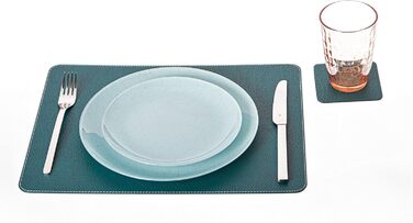 Placemats and Coasters made of Recycled Leather Table Sets, 2 Table Placemats, 40x30 cm and Coasters 10x10 cm (Petroleum Green)