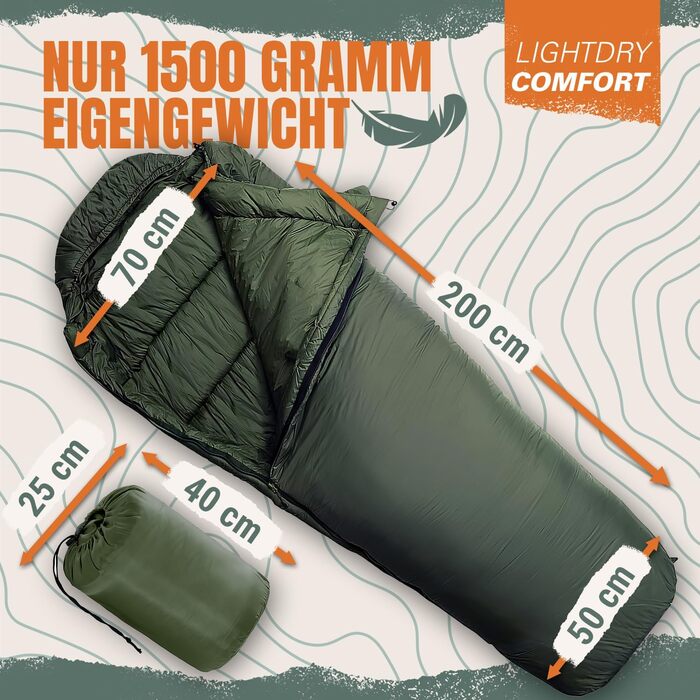 Сплячий мішок Mumiensack Thermo 3-сезонний High-Tech з мікрофібри до -13°C; Легкий, компактний, теплий (Оливковий зелений)