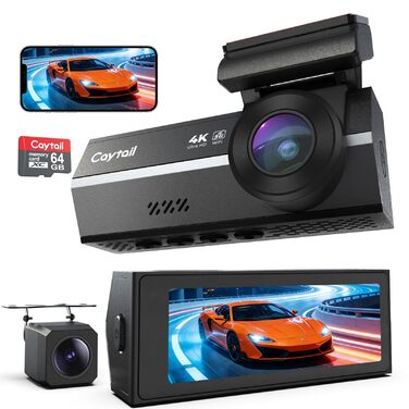 Автомобільний відеореєстратор 4K+2K з WiFi 5GHz, передня та задня камери, 64GB карта пам'яті, кут 170°, нічний режим WDR, дисплей 3.2