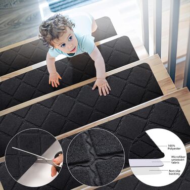 Килимки на сходи YISUN 15 шт., самоклейні, антиковзні, 20x65 см (Сірий/Чорний), для дітей, літніх людей та собак, для внутрішнього та зовнішнього використання