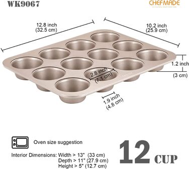 CHEFMADE Muffin Cake Pan, 12-Cavity Non-Stick Cupcake Pan Baking Mold for Oven Baking (Champagne Gold)