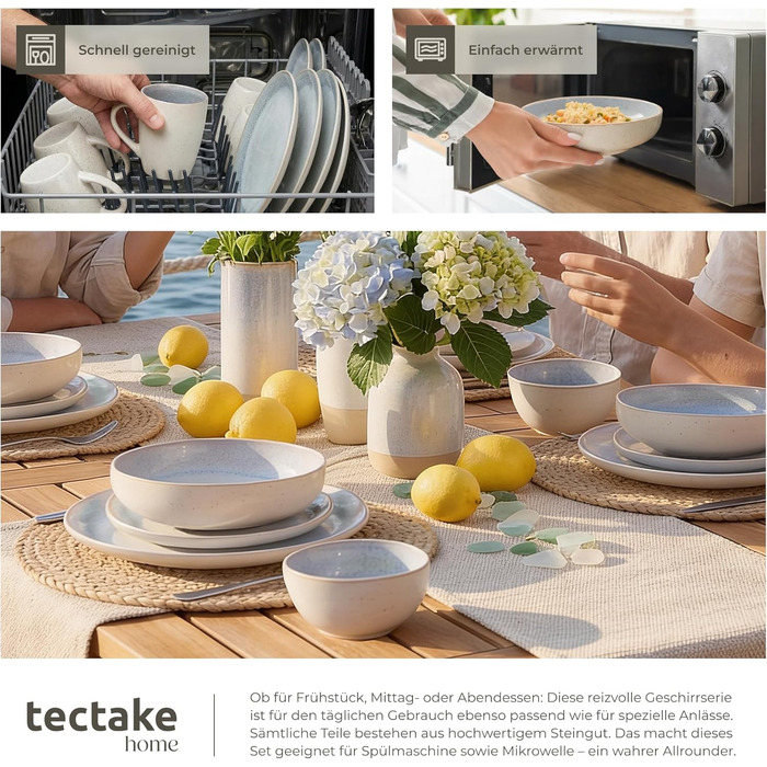 Набір посуду TekTake 24 предмети для 6 осіб, керамічний, Shore Stone - тарілки, миски, для мікрохвильовки та посудомийної машини