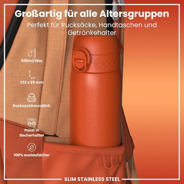Ion8 Stainless Steel Water Bottle, 600 ml, Leak-Proof, One-Handed Opening, Secure Locking Mechanism, Dishwasher Safe, Flip-Top Lid, Carrying Handle, Easy to Clean, Durable & Scratch-Resistant (Stainless Steel, Orange)