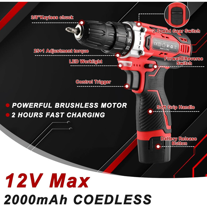 Набір інструментів TLGREEN 138-tlg з акумуляторним шуруповертом 12V, червоний. Для ремонту, обслуговування, DIY