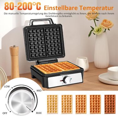 Вафельниця Aigostar для 2 бельгійських вафель, 1600W, антипригарне покриття, LED-дисплей, компактний дизайн з нержавіючої сталі, BPA та PFOA free