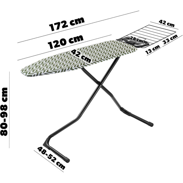 Прасувальна дошка KADAX з висувною полицею, 120x42 см, регульована висота, антиковзні ніжки (Зелена)