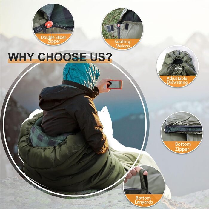 Спальний мішок Poepore Outdoor Winter для дорослих, Extra Wide, 3-4 сезони, XXL, теплий, бавовна, фланель, Deckenschlafsack, для кемпінгу, подорожей, пригод, 230 x 100 см, 0°C (Olive-L-Zip, -6°C)