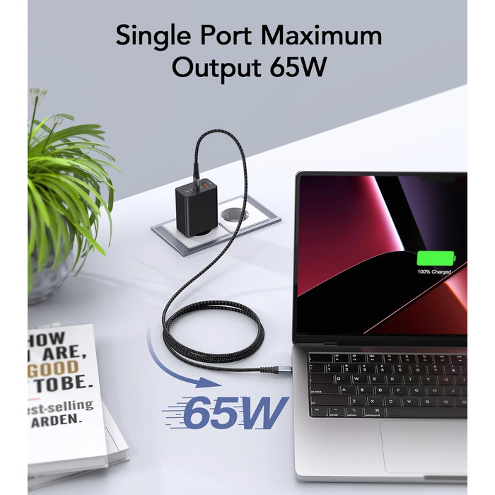Зарядний пристрій USB-C 65W з 3 портами, чорний. Швидка зарядка для MacBook, iPhone, Switch, Galaxy, Tablet, Laptop