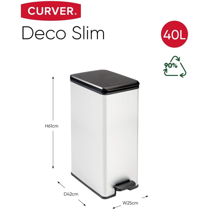 Сміттєвий кошик Curver Deco Slim 40 л, пластиковий, чорний/сріблястий металік, 39.3 x 25 x 60.7 см
