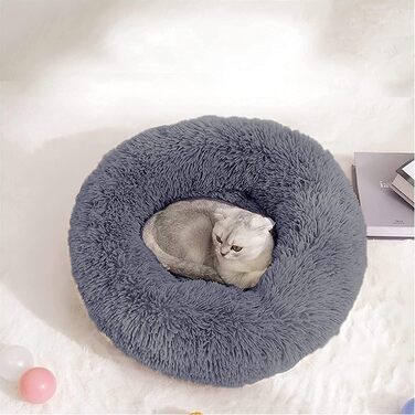 fireowl Donut Dog Bed Large Fluffy: 70cm Soothing Puppy Bed Anti-Anxiety Cat Bed - Plush Pet Bed Round Cozy Washable (L 60 x W 60 x H 20 cm, Grey)
