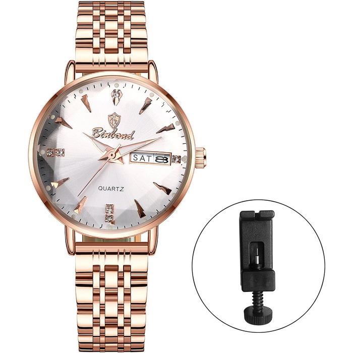 Жіночий годинник JewelryWe Rosegold: аналоговий кварцовий годинник зі сталевим браслетом, водонепроникність 30м, календар, підсвічування стрілок та гранійним склом (Рожеве золото - Білий)