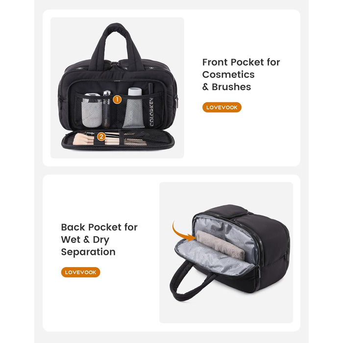 Сумка для косметики OVEVOOK для жінок, велика, вагова, широка, водонепроникна косметичка з відділенням для мокрого, сумочка для макіяжу з ручкою для подорожей, чорна (L)