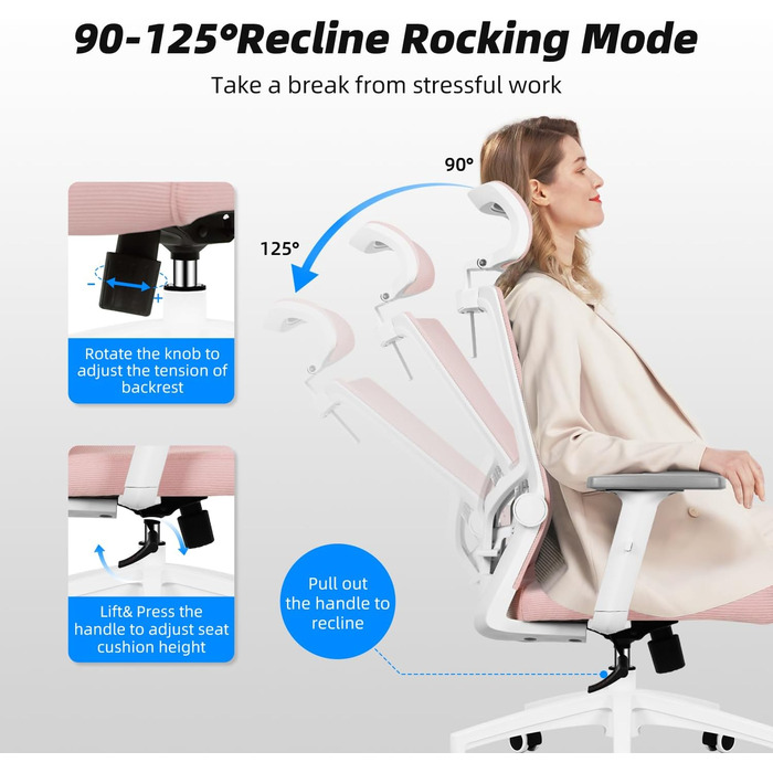 Ергономічне крісло Daccormax для офісу: регульована спинка, підголівник, підлокітники, витривале до 150 кг (Рожевий)