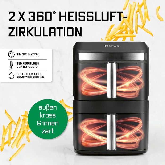 Фритюрниця повітряна GOURMETmaxx 4.5L з цифровим дисплеєм, 1400W, автоматичне вимкнення, захист від перегріву, миється у посудомийній машині, чорний (2x6L)