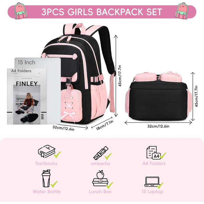 Шкільний рюкзак Tanou для дівчаток-підлітків, великий, зручний, водонепроникний, стильний, з ручкою-телескопом (рожевий)