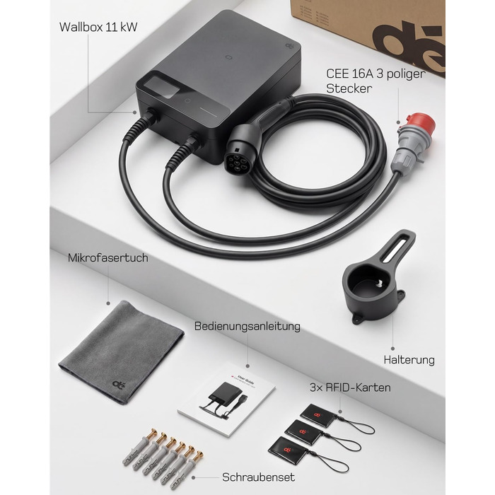 Wallbox 11 кВт з Wi-Fi та кабелем Type 2 7,5м, 3-фазне зарядне для електромобілів (BEV/PHEV), захист RCD Type A 30mA/DC 6mA, IP54, чорний