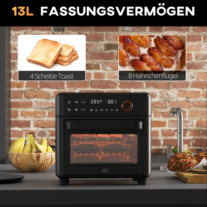 HOMCOM Convection Mini Oven 40-220 °C 13L Mini Oven with Baking Tray, Grill Rack, Crumb Tray, Hot Air Fryer, 12 Programs for Versatile Cooking